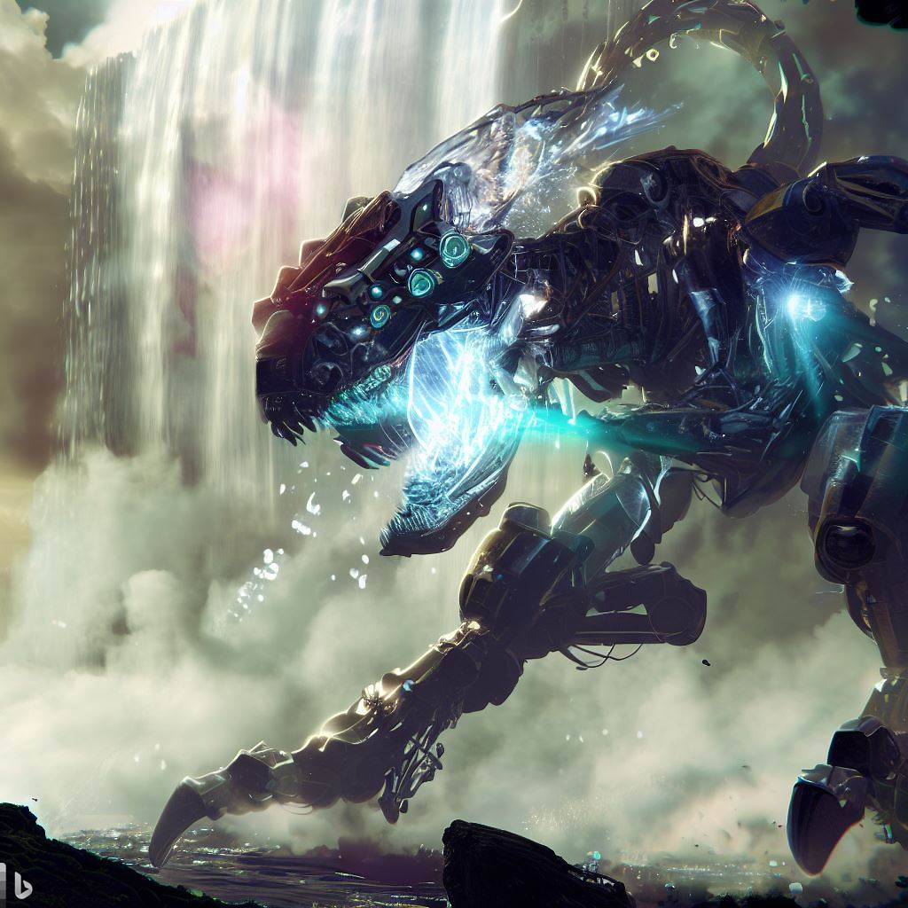 futuristic dinosaur mech with shattered glass body and glowing eyes being hunted while fighting under waterfall, detailed smoke and clouds, lens flare, h.r. giger style.jpg